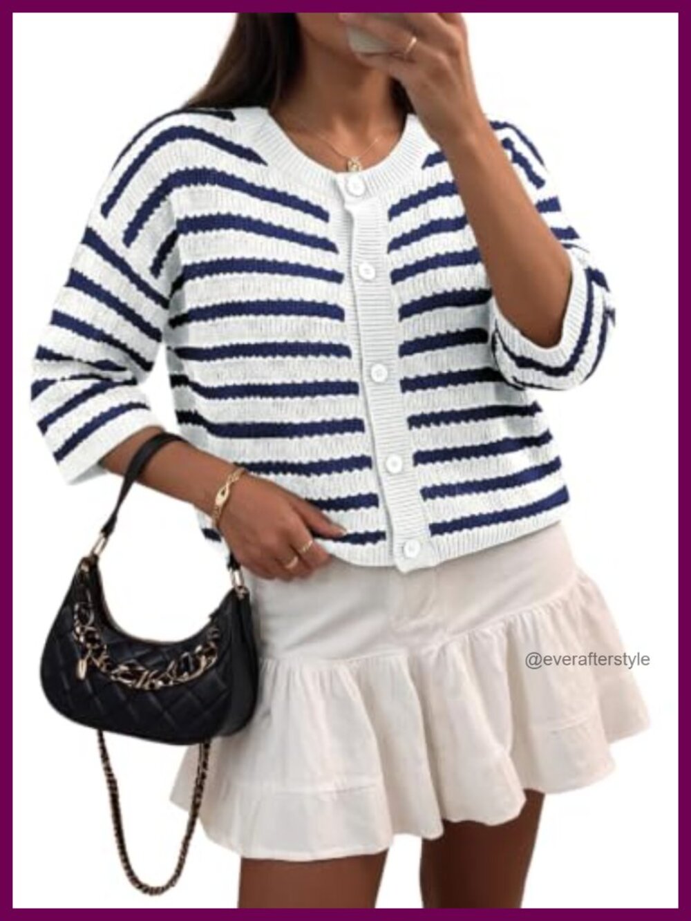 Women's Striped Cardigan Crochet Knit Button Down 3/4 Sleeve Sweater